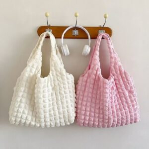 Korean Style Pleated Puff Girls, Single Shoulder Handheld Lunch For Work, Trendy Large Capacity Cloud Underarm Tote Bag