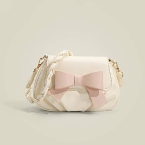 Pink Bow Flap Crossbody Bag Women Soft Leather Mini Saddle Handbag