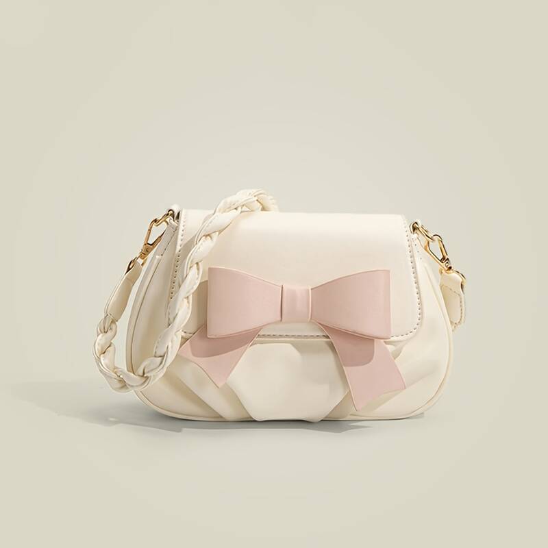 Pink Bow Flap Crossbody Bag Women Soft Leather Mini Saddle Handbag - Image 2