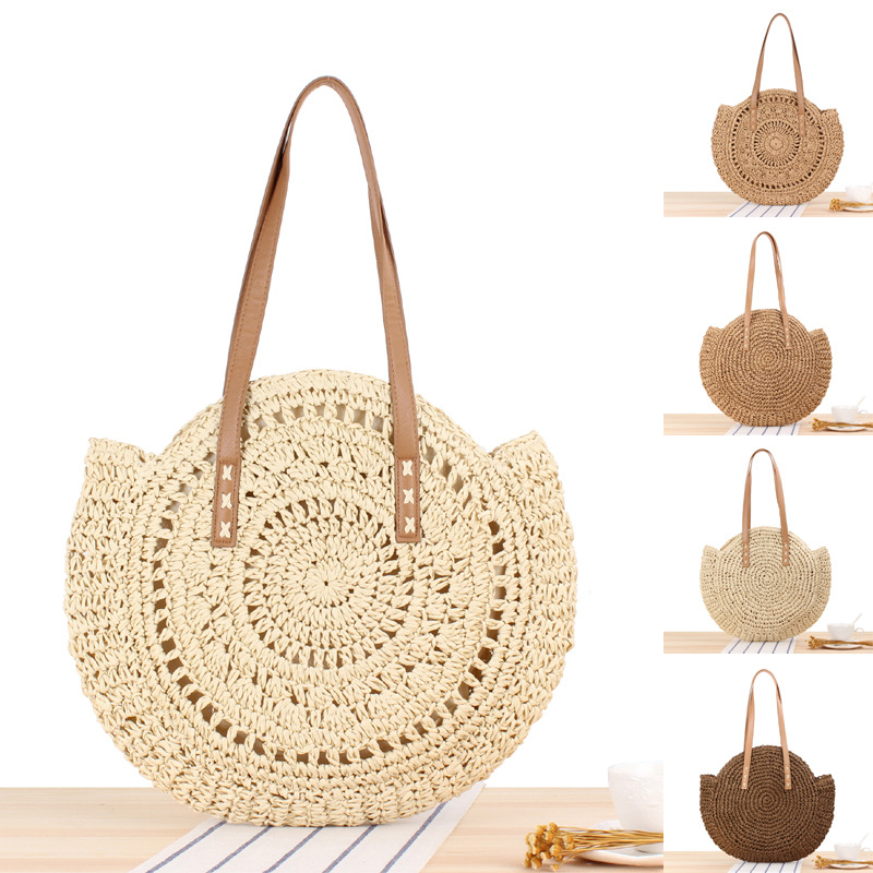 Simple hollow round shoulder braided beach fashion women straw bag