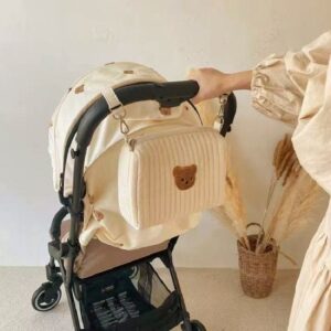 New Zipper Embroidered Bear Pure Cotton Mommy Baby Stroller Hanging Diaper Bag, Portable Travel Storage Bag