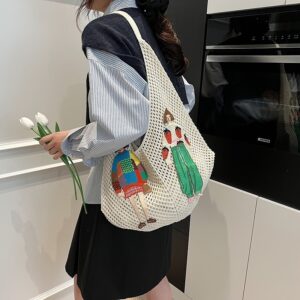 Women’s Straw Handbag, Woven Mesh Fashionable And Trendy Popular Summer Travel Shoulder Bag, New Seaside Style
