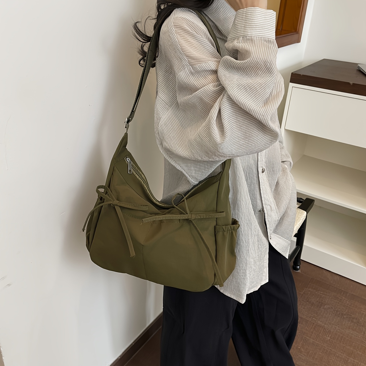 Women Solid Black Bow Detail Crossbody Lightweight Nylon Casual Adjustable Strap Shoulder Bag - Image 6