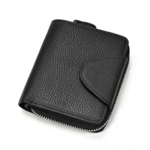 Men’s Short Zipper Small Black Genuine Leather Multi-Card Slot Coin Purse Cowhide Wallet