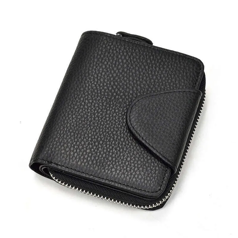 Men's Short Zipper Small Black Genuine Leather Multi-Card Slot Coin Purse Cowhide Wallet