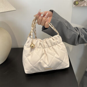 Women’s Diamond Patterned Embroidered Chain Fashionable Export Style PU Minimalist Shoulder Bucket Crossbody Soft