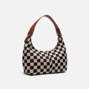 Unique Checkered Pattern Color-block Crescent Japanese Retro Light Shoulder Bag, Compact And Lightweight Underarm