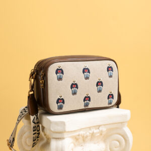 Genuine Wide Shoulder Strap Embroidered Canvas and Leather One-shoulder Crossbody Small Square Bag, Large Capacity.
