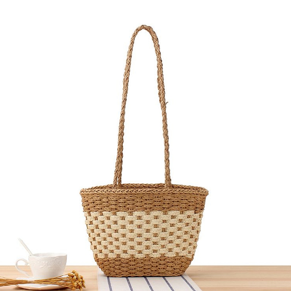 Pure Color Simple Straw Retro Woven Shoulder Fashion Silk Towel Paper Rope Casual Bag - Image 2
