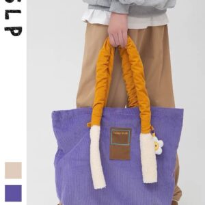 2026 New Cute Women’s One Shoulder Handheld Lamp Corduroy Striped Canvas with Contrast Color Large Capacity Tote Bag