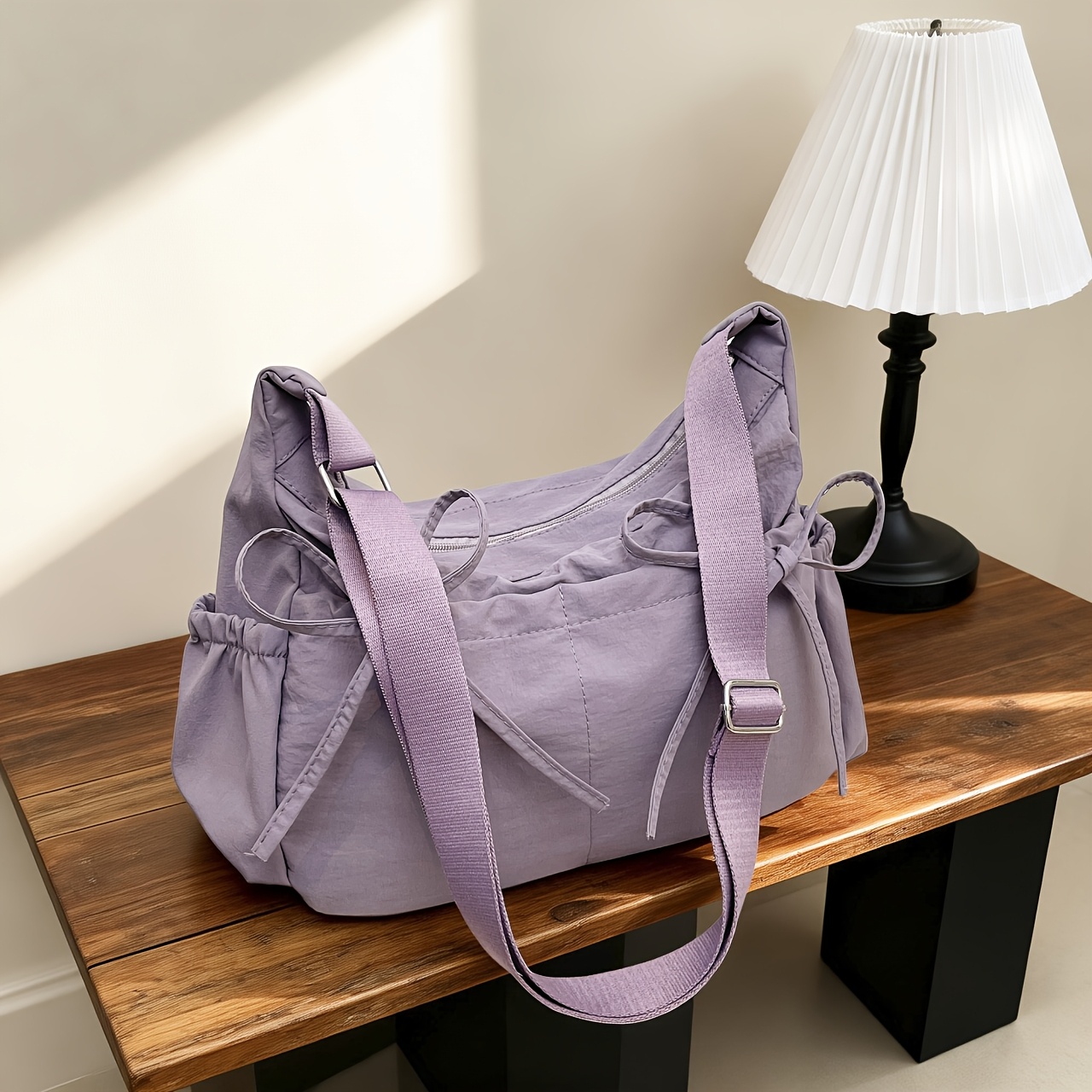 Women Solid Black Bow Detail Crossbody Lightweight Nylon Casual Adjustable Strap Shoulder Bag - Image 4
