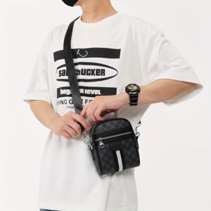 Men Checker Printed Mini Crossbody Bag Casual Striped Decor Phone Shoulder Messenger Pouch