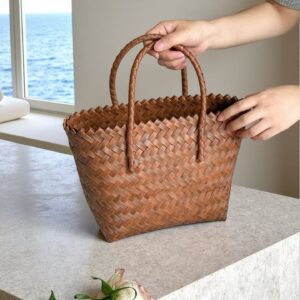 Retro Imitation Rattan Handbag Straw Woven Handmade Tote/Shoulder Fashionable And Versatile Bamboo Bag for Women