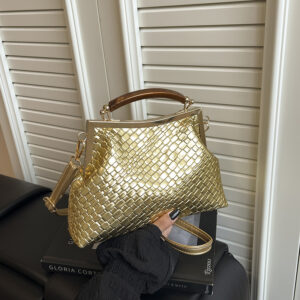 Solid Color Woven Women’s B, Large Capacity Vinte Clasp Handb, 2026 Trendy Fresh Sweet Single Shoulder Crossbody