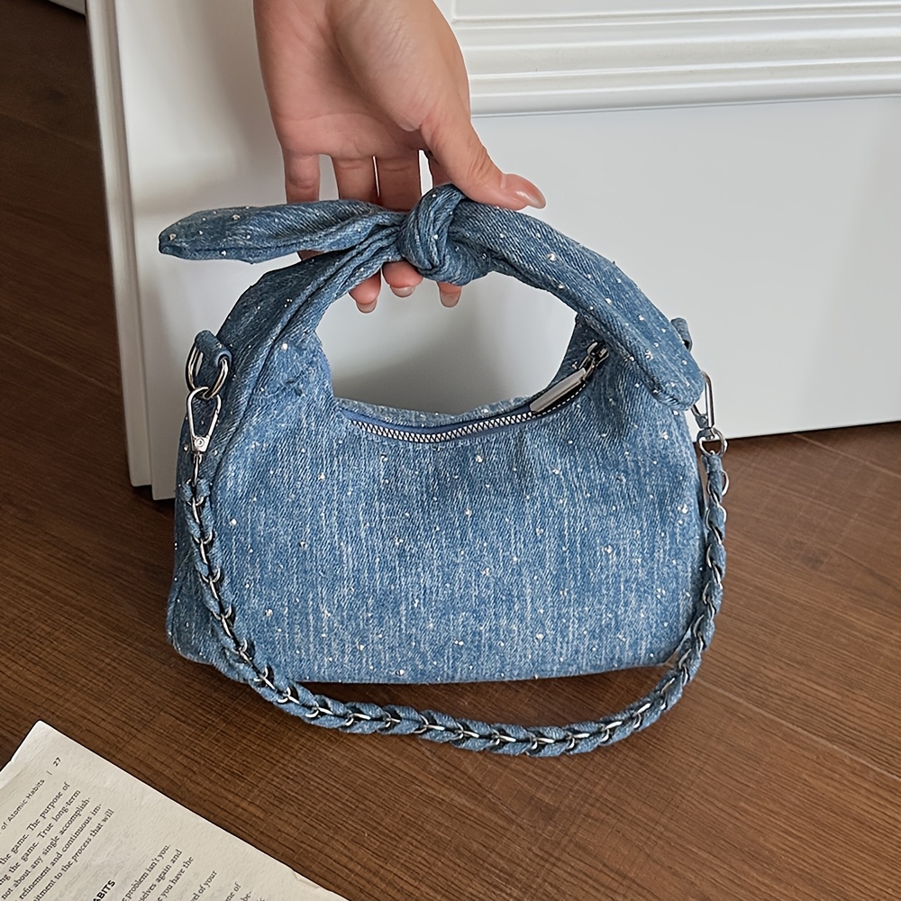 Knotted Denim Hobo Bag Women Braided Chain Crossbody Shoulder Handbag - Image 11