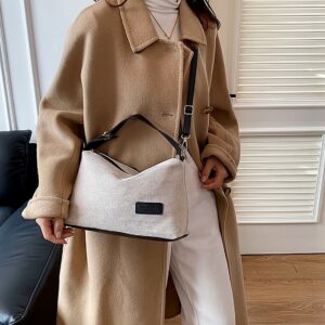 Women Minimalist Linen Texture Hobo Soft Canvas Zipper Crossbody Bag Retro Sling Shoulder Handbag For Commute
