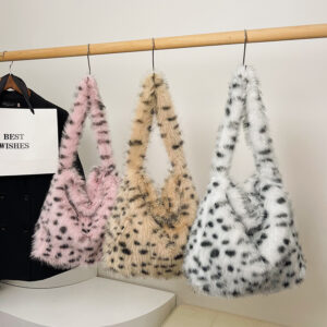 Large Fluffy Cow Print Tote Bag – Winter Fashion Shoulder Bag, Leopard Pattern Shopping Commute Handbag, Soft & Roomy