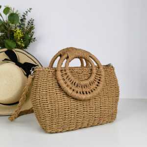 Hand-woven straw double ring handle bulging belly cross-border boutique woven tote bag
