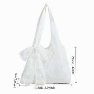 Ins Fairy Style White Sheer Lace Hobo Tote Bag Side Bow Knot Design Soft Fabric Ladies Vacation Daily Commute Elegant