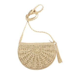 Lihanbao Summer Beach Boho Women Straw Tassel Semicircle Zipper Crossbody Shoulder Bag-Beige