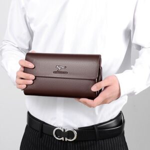Men’s Multi-Functional Long Leather Wallet Zippered Clutch Bag Business Casual Handbag Black Brown