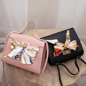 Lihanbao Women Solid Color Ribbon Bow Handbag Turn Lock Leather Crossbody Sling Bag-Black