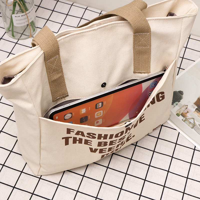 INS Female Student Korean Large Capacity Letter Shoulder Tote Simple Fashion Canvas Bag - Image 3